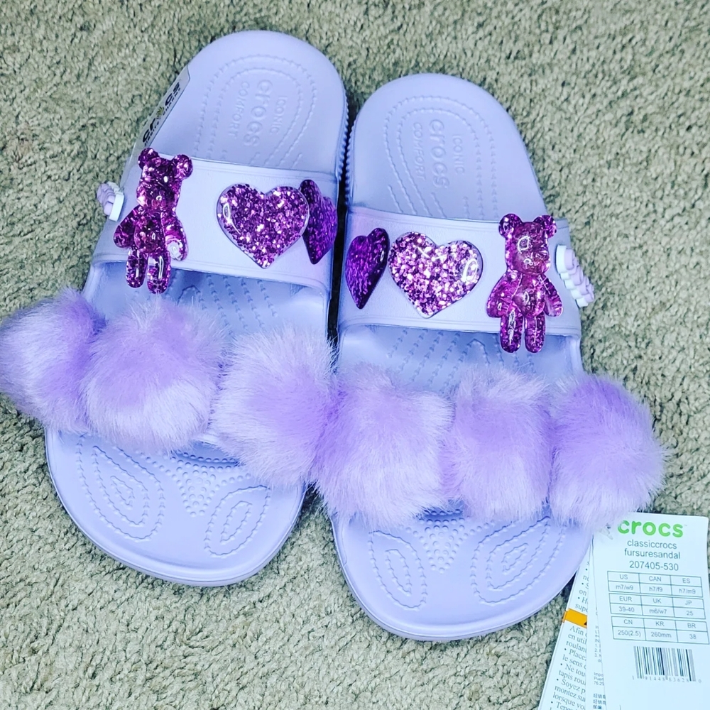 Lavender crocs sandals with 14 charms total